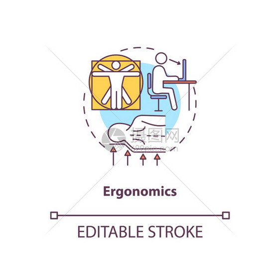 人类工程学概念图标身体解剖学健康舒适的工作场所枕头动物学概念细线插图矢量孤立的大纲RGB颜色绘图可编辑的中风图片