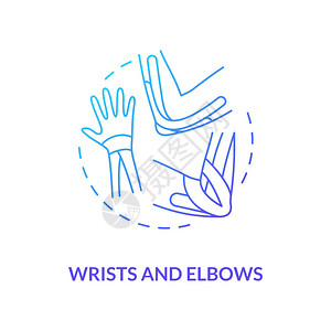 手肌肉护理身体治疗预防伤害动物学磁带设想细线插图矢量孤立的大纲RGB颜色绘图手肘和蓝色梯度概念图标图片