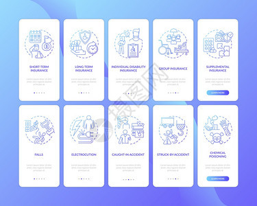 残疾保险在装有概念的移动应用程序页面屏幕上遇到事故走10步图形指示带有RGB颜色插图的UI矢量模板残疾保险在装有概念的移动应用程图片