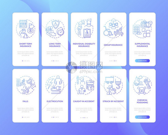 残疾保险在装有概念的移动应用程序页面屏幕上遇到事故走10步图形指示带有RGB颜色插图的UI矢量模板残疾保险在装有概念的移动应用程图片