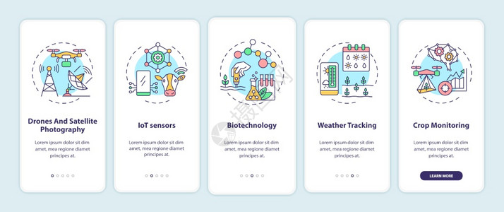 登上带有概念的移动应用程序页面屏幕的创新农业技术无人机和卫星漫步5图形指示带有RGB颜色插图的UI矢量模板带有概念的移动应用程序图片