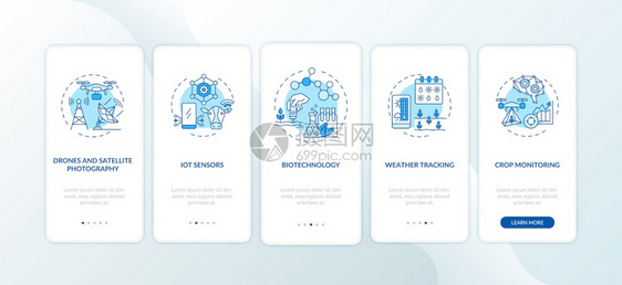 带有概念的移动应用程序屏幕上的创新农业技术IoT传感器通过5步图形指示UI矢量模板配有RGB彩色插图带有概念的移动应用程序屏幕上图片