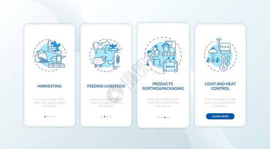 农业机器类型带有概念的移动应用程序页面屏幕种植作物横跨四步图形说明带有RGB颜色插图的UI矢量模板图片