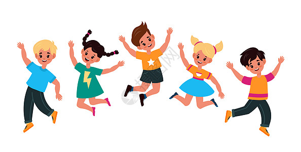 可爱照相孩子们跳起来玩跳快乐笑的孩子一起玩跳可爱的活跃男女儿童