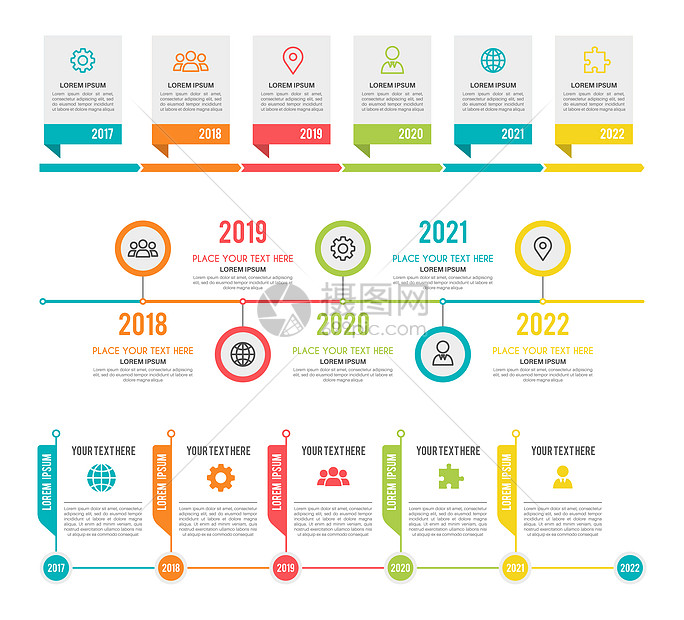 时间线工作流程或图选项和步骤信息网络营销项目规划业务介绍战略组织以及附有复制空间的矢量多彩模板时间线工作流程或图选项和步骤信息网图片