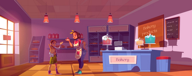 面包店的女孩购买产品面包店的女老板向小顾客提供甜纸蛋糕小顾客拿着面包和在店甜食购买产品图片
