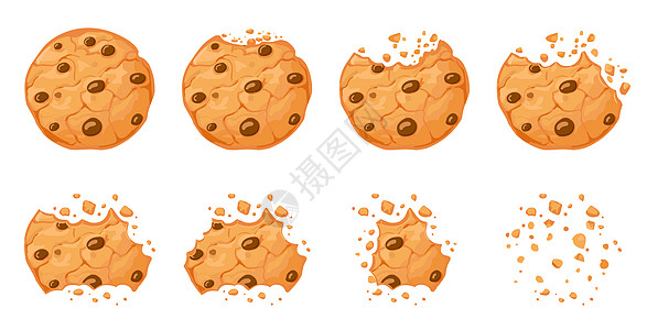 巧克力饼干玉米土生长的棕色饼干面包屑打破了土生长的棕色饼干卡通烤圆巧克力饼干咬动画矢量套装说明动画消失的巧克力饼干碎屑面包土生长图片