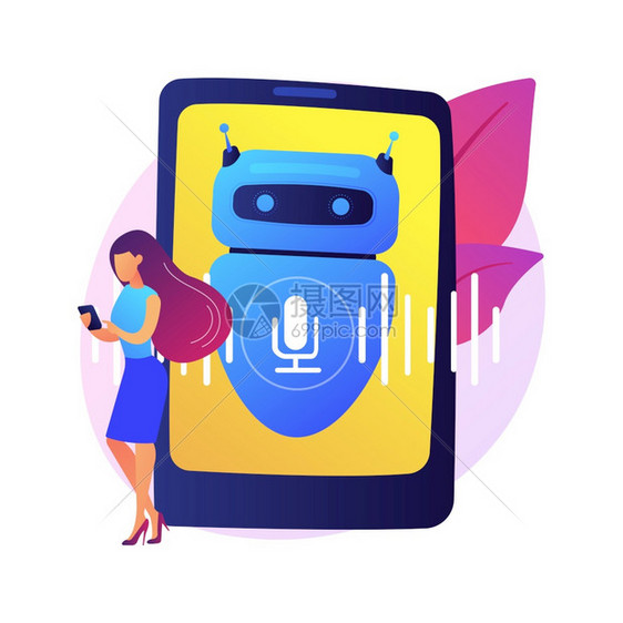 Chatbot声音控制虚拟助理抽象概念矢量说明讲虚拟个人助理智能电话语音应用程序AI声音控制聊天bot抽象比喻Chabot声音控图片