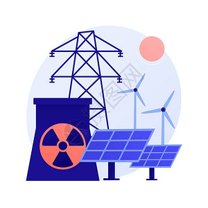 原子反应堆风车和太阳能电池源生产核电厂原子裂变过程接受电荷比喻矢量孤立概念比喻说明能源生产矢量概念比喻图片