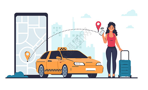出租车订单辆金和汽共享出租服务概念卡通妇女过移动应用程序呼叫出租车城市景观电话屏幕上的黄色汽车和载体女妇通过移动应用程序呼叫出租背景图片