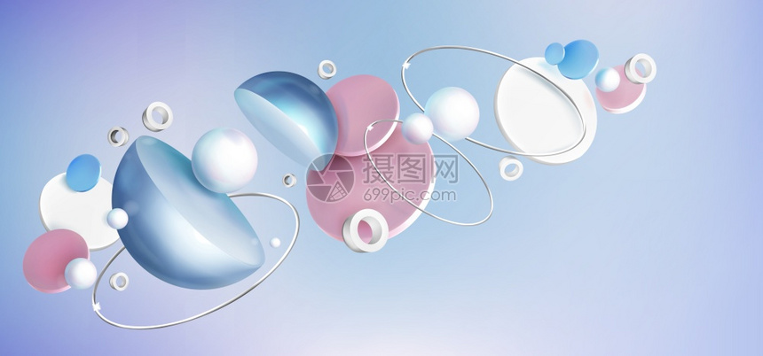 蓝色背景珍珠半球粉色和白圆柱或银环形三度几何状的简要背景展示图片