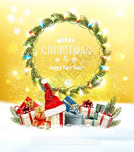 圣诞快乐新年圣诞花环带礼帽和彩礼品盒矢量插图图片