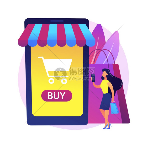 数字市场应用远程商业电子互联网店移动市场使用智能手机卡通字符的客户矢量孤立概念比喻图在线购物媒介概念比喻图片