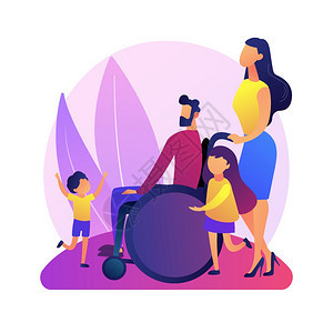 残疾人适应社会包容残疾人医疗保健家庭支助轮椅上的妻子和儿女问候丈夫矢量孤立概念比喻说明家庭护理和支助病媒概念比喻背景图片