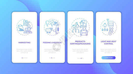 产品排序和包装通过四步图示指配有RGB颜色插图的UI矢量模板装有概念的移动应用程序屏幕上的农业机器类型图片