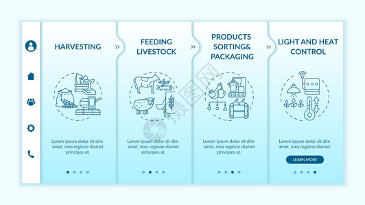 农业机器在登矢量模板上的类型产品排序和包装灯光热控制带有图标的响应移动网站页漫步屏幕RGB颜色概念农业机器在登矢量模板上的类型图片