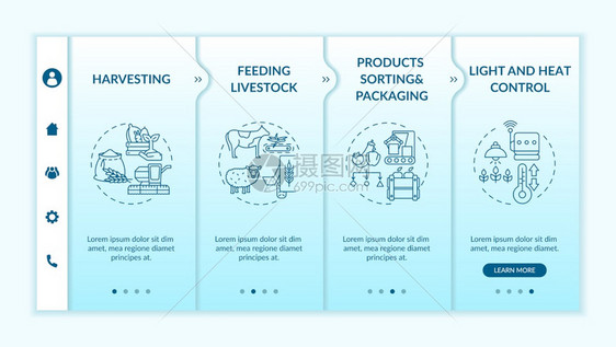 农业机器在登矢量模板上的类型产品排序和包装灯光热控制带有图标的响应移动网站页漫步屏幕RGB颜色概念农业机器在登矢量模板上的类型图片