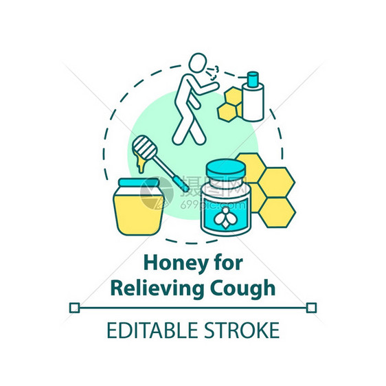 用于缓解咳嗽的蜂蜜概念图标有效的咳嗽抑制想法细线插图上呼吸道感染治疗病媒孤立大纲RGB彩色绘图可编辑的中风缓解咳嗽的蜂蜜概念图标图片