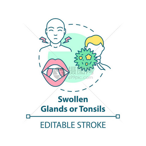 肿胀的腺和扁桃概念图标喉咙症状痛苦的概念细线插图痛苦的吞食疼咽牙状颈部矢量孤立的大纲RGB颜色绘图可编辑的中风肿胀腺和扁桃体概念图片