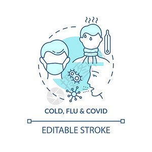 冷流感和共生概念图标传染呼吸道疾病概念的细线插图发烧寒冷咳嗽高体温矢量孤立的大纲RGB颜色绘图可编辑中风感冒和共生概念图标图片