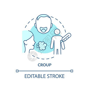 Croup概念图标呼吸系统感染概念的细线插图呼吸困难咳嗽发烧鼻子坏矢量孤立的大纲RGB颜色绘图可编辑的中风概念图标图片