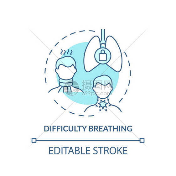 难以呼吸的概念图标喉咙复杂度差的细线插图不适状况布朗切炎肺病媒孤立大纲RGB彩色绘图可编辑中风呼吸困难概念图标图片