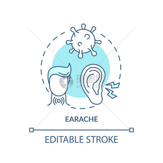 Earache概念图标喉咙复杂度低细线插图尖锐枯燥和燃烧的疼痛外部和中耳感染矢量孤立的大纲RGB颜色绘图可编辑的中风Earach图片