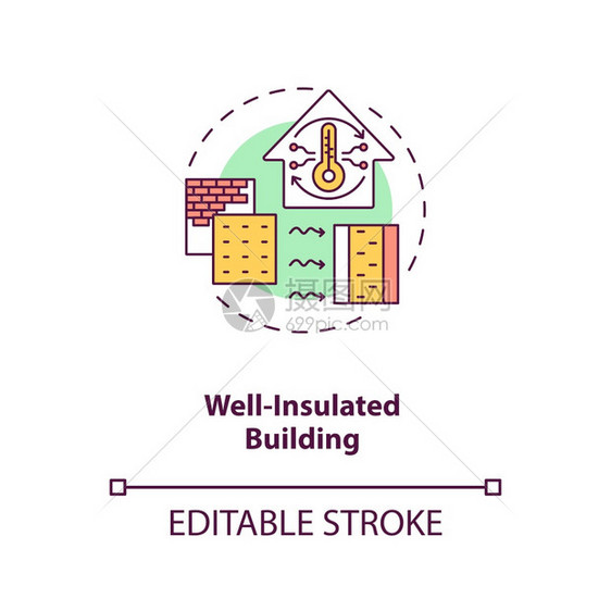 绝缘建筑概念图标房屋热控可持续能源现代建筑生物学概念细线插图矢量孤立大纲RGB颜色绘图可编辑中风图片