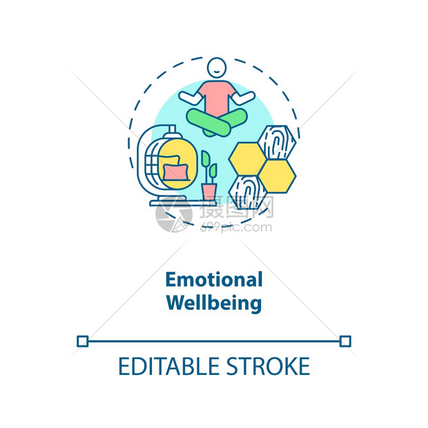 情感幸福概念图标心理健康的精神状态舒适生活之家物学理念细线插图矢量孤立大纲RGB彩色绘图可编辑的中风图片