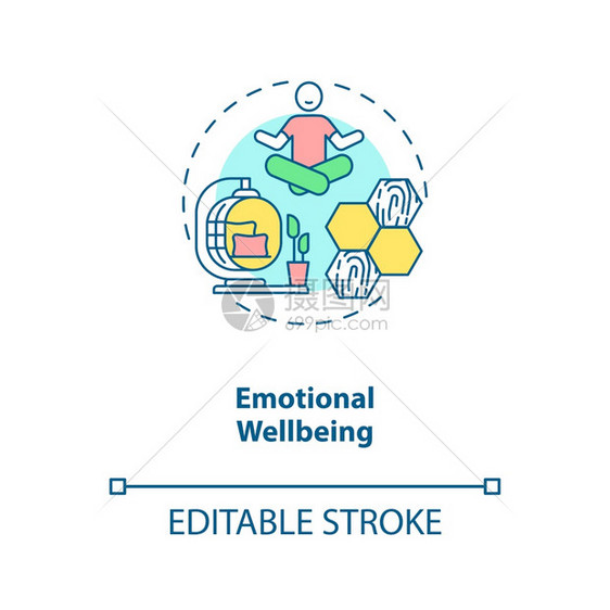 情感幸福概念图标心理健康的精神状态舒适生活之家物学理念细线插图矢量孤立大纲RGB彩色绘图可编辑的中风图片