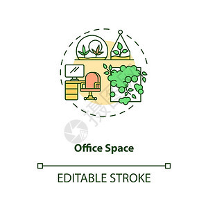 办公空间概念图标具有绿的工作场所促进心理健康的室内环境生物学理念细线插图矢量孤立大纲RGB彩色绘图可编辑中风办公室空间概念图标图片