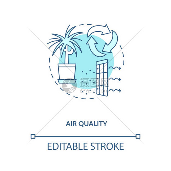 空气质量蓝色概念图标室内通风清洁环境护理空气循环生物学概念细线插图矢量孤立大纲RGB颜色绘图可编辑的中风图片