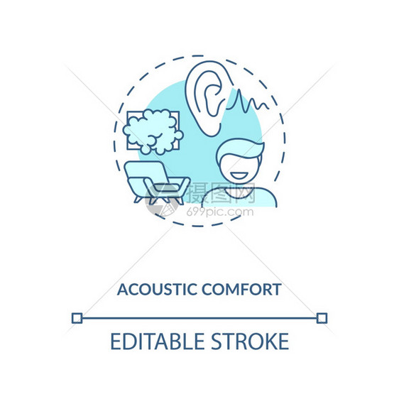声波舒适蓝色概念图标生活空间减少噪音舒适工作场所现代家庭生物学理念细线插图矢量孤立的大纲RGB颜色绘图可编辑的中风图片