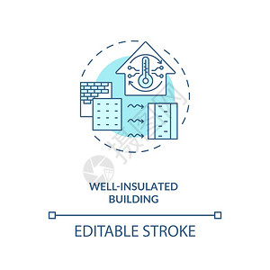 深层建筑蓝色概念图标房屋热控制现代建筑生物学概念细线插图矢量孤立大纲RGB颜色绘图可编辑中风绝热建筑蓝色概念图标图片