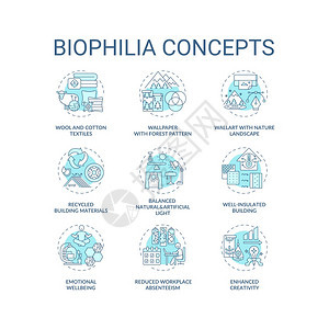 Biophicia蓝色概念图标设置办公室生产力情感健康室内环境观念细线RGB彩色插图矢量孤立的大纲图画可编辑的中风生物哲学蓝色概图片