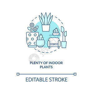 大量的室内植物蓝色概念图标公寓园艺花卉室舒适内生物学理念细线插图矢量孤立的大纲RGB颜色绘图可编辑的中风图片