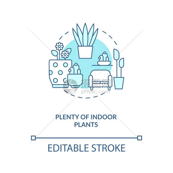 大量的室内植物蓝色概念图标公寓园艺花卉室舒适内生物学理念细线插图矢量孤立的大纲RGB颜色绘图可编辑的中风图片