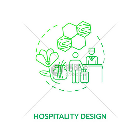招待费设计绿色概念图标舒适酒店客房室内自然材料生物学概念细线图解矢量孤立示RGB彩色图画图片