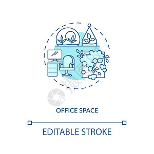 办公室空间蓝色概念图标绿工作场所健康的室内环境生物学理念细线插图矢量孤立大纲RGB彩色绘图可编辑中风图片