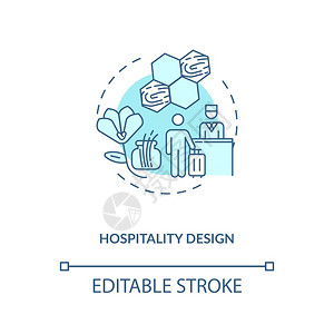 招待费设计蓝色概念图标舒适酒店宾馆室内天然材料生物学概念细线图解矢量孤立大纲RGB彩色绘图可编辑中风图片