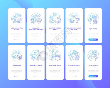 健康室内环境通过5步图形说明带有RGB颜色插图的UI矢量模板带有概念集的移动应用程序屏幕上的生物学蓝色梯度图片