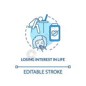 失去对生命概念图标的兴趣SAD症状预感细线插图无法感受到快乐动力丧失生活质量矢孤立的大纲RGB颜色绘图可编辑的中风对生命概念图标图片