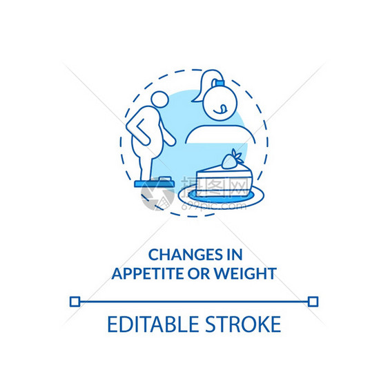 胃口和体重概念图标的变化SAD症状表示的细线插图过度饥饿精神和身体疾病矢量孤立的大纲RGB彩色绘图可编辑的中风胃口和体重概念图标图片