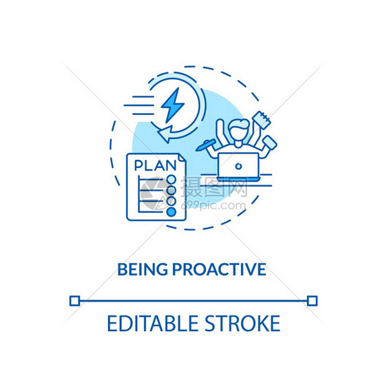 成为积极主动的概念图标方便SAD概念的细线插图提示承担生命和行动的责任时间管理矢量孤立的大纲RGB颜色绘图可编辑的中风成为主动的图片