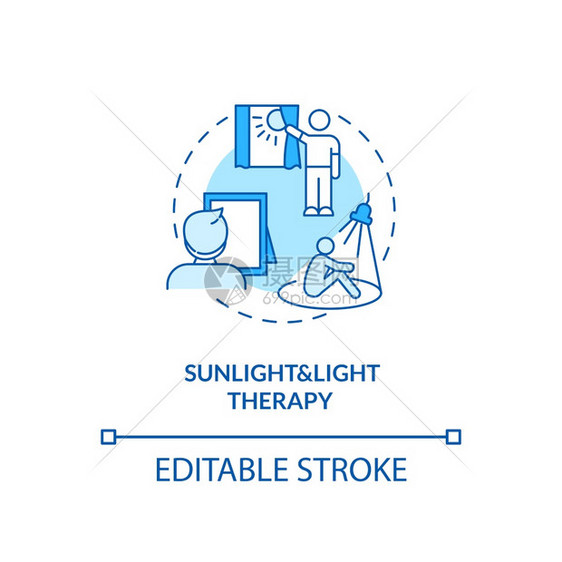 太阳光和治疗概念图标SAD治疗想法细线插图自然室外光梅拉图宁生产矢量孤立大纲RGB彩色绘图可编辑中风日光和治疗概念图标图片