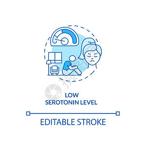 低血清素水平概念图标SAD导致思想细线插图慢压力身体和心理症状矢量孤立的大纲RGB颜色绘图可编辑中风低血清素水平概念图标图片