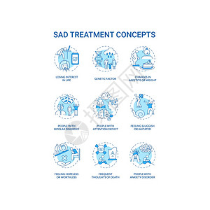 SAD治疗概念图标设置心理健康障碍观念细线RGB颜色插图注意不足感觉无望和毫价值矢量孤立的大纲图画可编辑的中风治疗概念图标设置图片