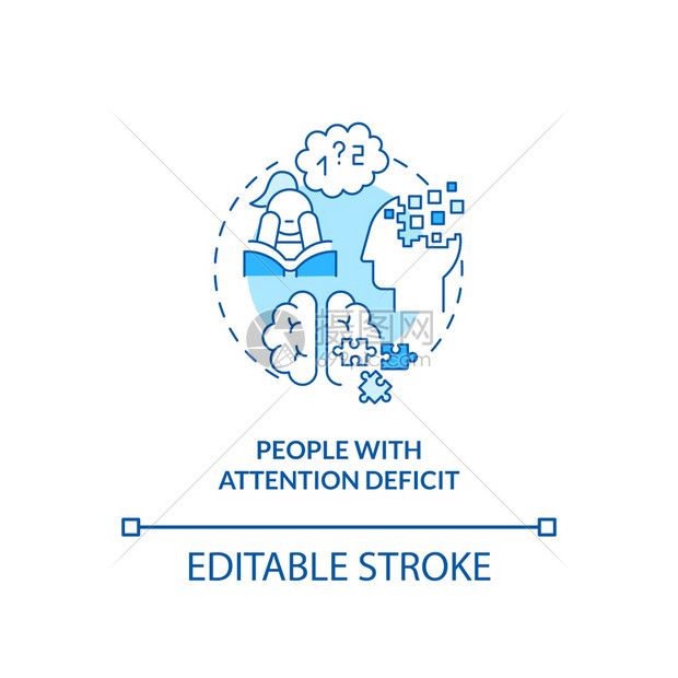 关注缺失概念图标SAD风险群体概念细线插图注意过度活动和冲矢量孤立大纲RGB颜色绘图可编辑中风注意缺失概念图标图片