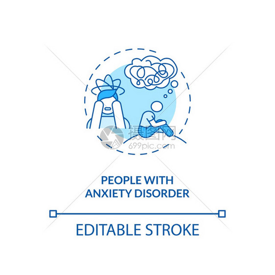 焦虑紊乱症患者概念图标SAD风险群体观念细线插图对日常生活的过度恐惧矢量孤立的大纲RGB彩色绘图可编辑中风焦虑障碍患者概念图标图片
