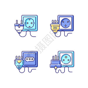 不同插座的RGB颜色图标设置电缆的气插件设置欧洲电源插件家庭能供应解除电线断开孤立的矢量插图不同套座的颜色图标设置背景图片